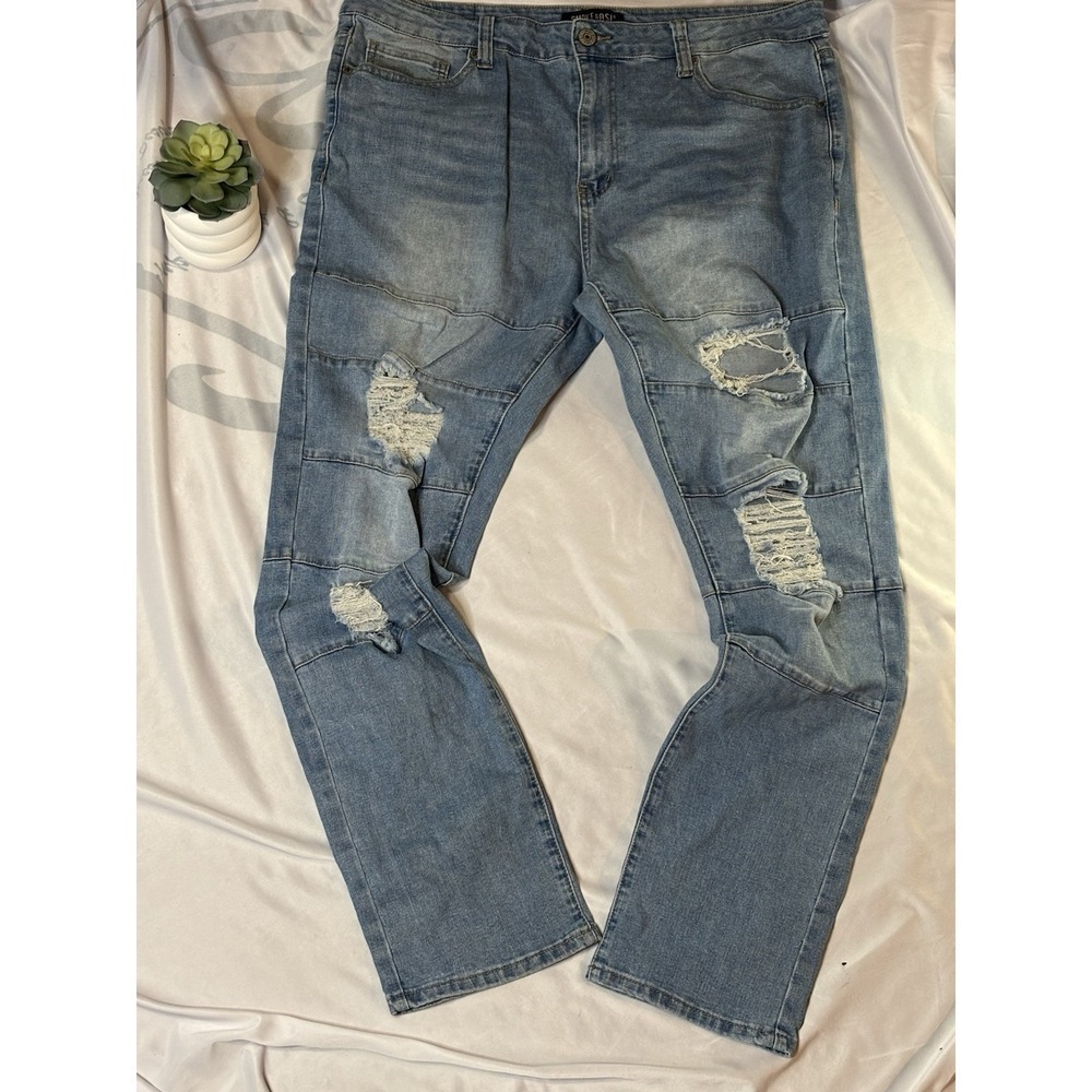 Smoke Rise Men's Moto Jeans Pants Gray Slim Fit Distressed Size 38 X 32